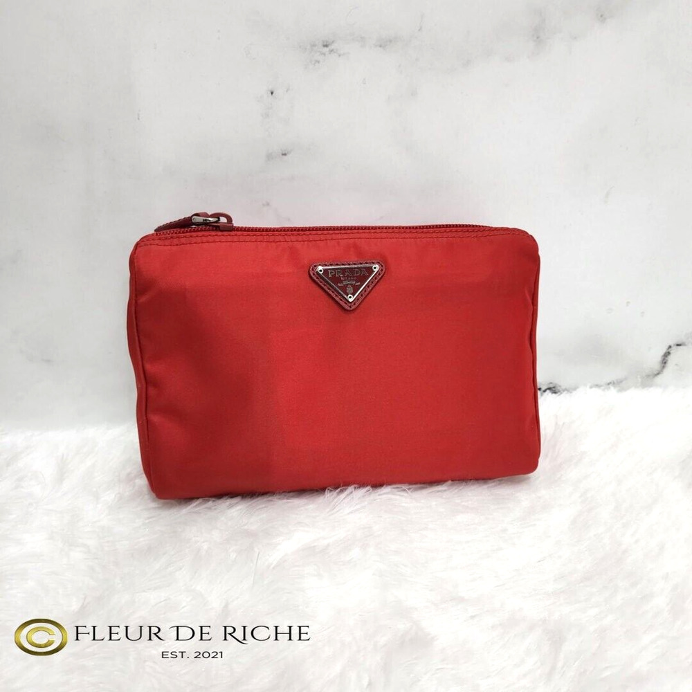 Prada Necessaire Tessuto Nylon Medium Toiletry Clutch Case Red Rosso 1NA012 - Picture 2 of 11